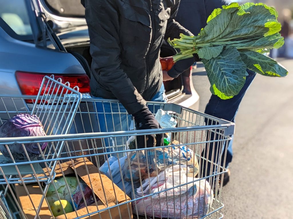 A volunteer loads a car with groceries at OneGenAway's mobile food pantry.